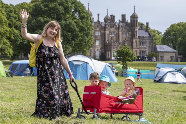 Lynsay Warnock with Sam and Abigail Grounds and Willow Spratt from Belfast, wake up to day one at Dalfest 2022 at Glenarm Castle estate.