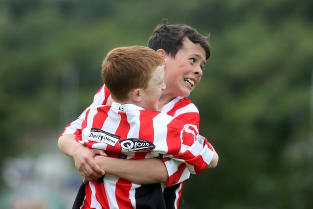 ©/Lorcan Doherty Photography -  July 21th 2012. 

Hughes Insurance Foyle Cup U-12 Plate Final. Derry and District Youth FA V Cavan Monaghan Youth League. Derry's Morgan Murray and Connor McGowan celebrate their victory at the final whistle.

Photo Credit Lorcan Doherty Photography