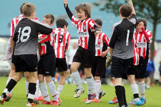 ©/Lorcan Doherty Photography -  July 21th 2012. 

Hughes Insurance Foyle Cup U-12 Plate Final. Derry and District Youth FA V Cavan Monaghan Youth League. Derry players celebrate their victory at the final whistle.

Photo Credit Lorcan Doherty Photography