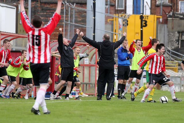 ©/Lorcan Doherty Photography -  July 20th 2012. 

Hughes Insurance Foyle Cup U-16 Cup Final. Derry & District Youth FA v Inishowen Youth League. The Derry and District  bench celebrate at the final whistle.

Photo Credit Lorcan Doherty Photography