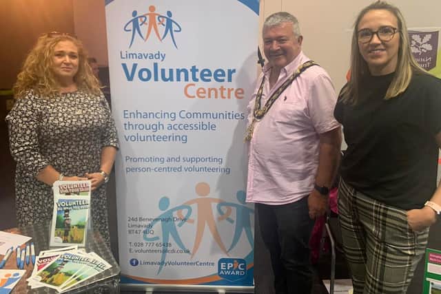 The Mayor of Causeway Coast and Glens Borough Council Councillor Ivor Wallace pictured at the Our Space Our Voice conference in Coleraine with Ashleen Schenning and Ciara McNickle