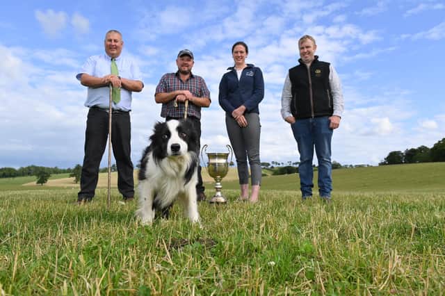 John McCullough, Chairman of the local organising committee; current Irish National Champion sheepdog handler, Peter Morgan with his dog, Mosse; Isabel Branch, CEO of the International Sheep Dog Society and venue host, James Porter, co-owner of Gill Hall Estate. Photo by Stephen Hamilton // Press Eye
