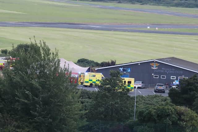 The scene of a light aircraft crash in Newtownards airfield where two people have died. Picture: Pacemaker