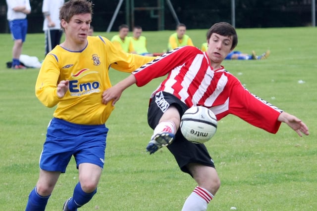Aaron Logan, brings the ball under control for Derry & District Youth against Newhill , in the U14 Plater Final at the Brandywell Showgrounds, in the Foyle Cup 2010.  2407GM03