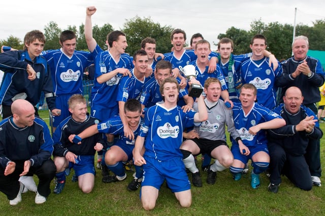 Finn Harps captain Aaron O'Hagan  celebrates with his team after beating Derry City in the U-19 section of the Foyle Cup on friday night at Ardmore. Picture Martin McKeown. Inpresspics.com. 23.7.10