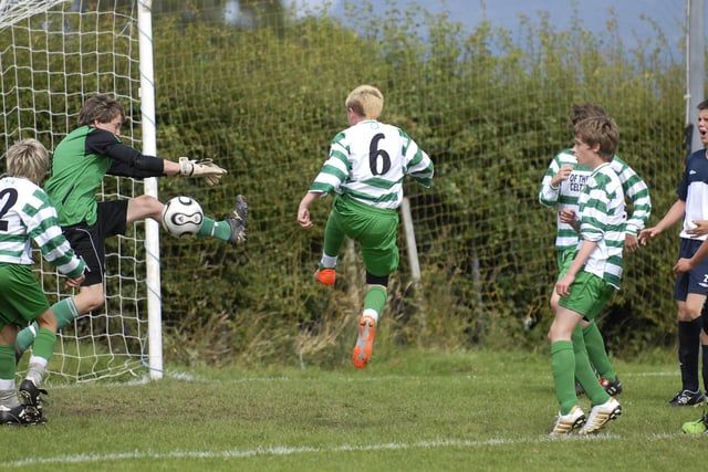Goal mouth action from the match between the Limavady United and Top Of The Hill Celtic under-14's at the Foyle Cup. LS30-207KM10