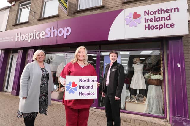 Heather Weir, CEO, Northern Ireland Hospice; Shauvaun McKeown, NI Hospice Community Palliative Care Nurse Specialist; and Jim Burke, Director of Sales and Acquisitions, Hagan Homes.
 Photo by Jonathan Porter / Press Eye