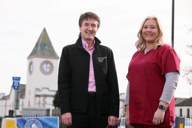 Jim Burke, Director of Sales and Acquisitions, Hagan Homes and Shauvaun McKeown, NI Hospice Community Palliative Care Nurse Specialist.
Photo by Jonathan Porter / Press Eye
