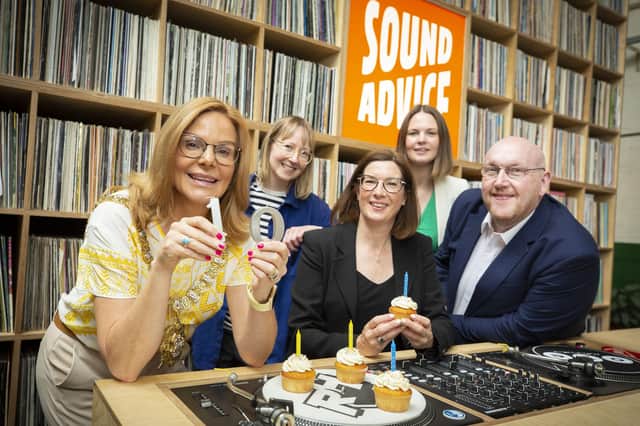 Belfast Lord Mayor Cllr Tina Black, Marion Hawkes owner Sound Advice, Rachel Kennedy EastSide Arts Festival Director (centre), Charlotte Richardson Translink and William Leatham Arts Council of Northern Ireland
