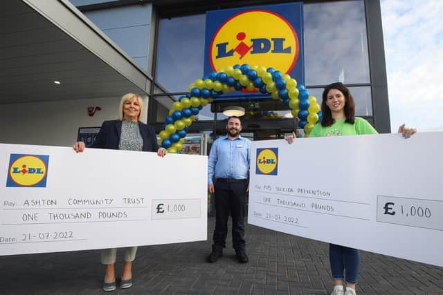 Christine McKeown, Head of Childcare and Family Support at Ashton Community Trust; Ashleigh Johnston PIPS charity fundraising officer and Ben Crawford Lidl Shore Road store manager.