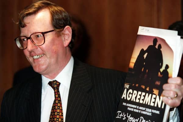 David Trimble pictured with his copy of the Agreement at a press conference in the Europa Hotel in Belfast in 1998. Picture: Pacemaker