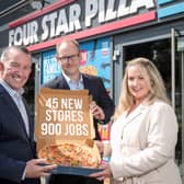 Four Star Pizza CEO Colin Hughes, Director of Marketing Sean Scott and Director of Operations Ciara Kellett serve up the news that the popular Irish pizza chain is planning to open 45 new stores and create 900 new jobs on the island of Ireland over the next three years.