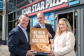 Four Star Pizza CEO Colin Hughes, Director of Marketing Sean Scott and Director of Operations Ciara Kellett serve up the news that the popular Irish pizza chain is planning to open 45 new stores and create 900 new jobs on the island of Ireland over the next three years.