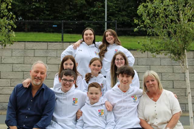 Some of the cast of Chitty Chitty Bang Bang with Peter Corry and Tina McVeigh from BSPA