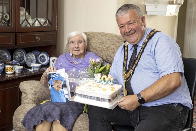 Lily Johnston from Limavady who celebrated her 100th birthday recently pictured with the Mayor of Causeway Coast and Glens Borough Council Councillor Ivor Wallace