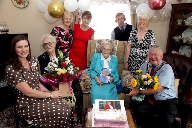 The Mayor of Causeway Coast and Glens Borough Council, Councillor Ivor Wallace, pictured during his visit to Emma Cairns in Limavady as she celebrated her 100th birthday along with her children Raymond, Delma, Lorreen and Rhoda, and the Deputy Lieutenant of County Londonderry, Leona Kane