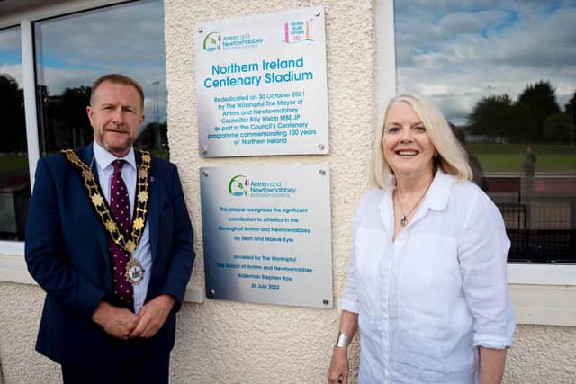 Mayor of Antrim and Newtownabbey, Alderman Stephen Ross along with Shauna Kyle, who unveiled a plaque in honour of her parents at the Northern Ireland Centenary Stadium, in recognition of their contribution to sport in the Borough.