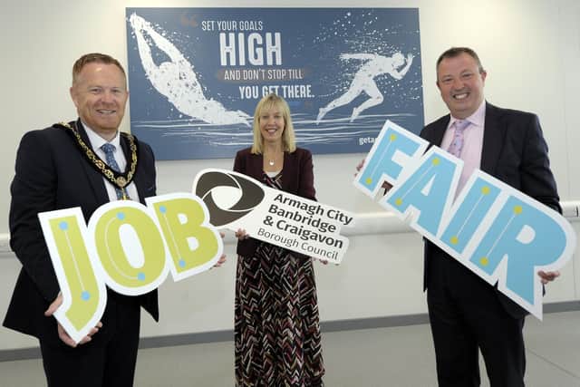 Lord Mayor, Cllr Paul Greenfield, Head of Economic Development Services Nicola Wilson and Chairman of Economic Development & Regeneration Committee Cllr Ian Burns pictured at the Job Fair Launch. ©Edward Byrne Photography