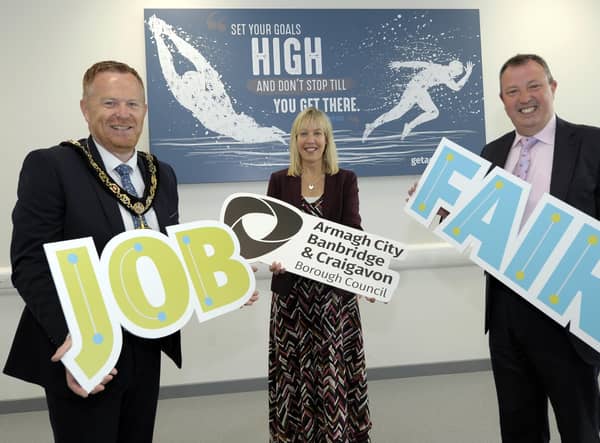 Lord Mayor, Cllr Paul Greenfield, Head of Economic Development Services Nicola Wilson and Chairman of Economic Development & Regeneration Committee Cllr Ian Burns pictured at the Job Fair Launch. ©Edward Byrne Photography