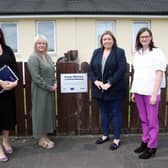Minister Hargey with Housing Executive Assistant Director of Asset Management Leeann Vincent and Department for Economy’s Director of EU Fund Management Division Maeve Hamilton and Housing Executive Area Manager Breige Mullaghan in the Abbeyville area of Newtownabbey.