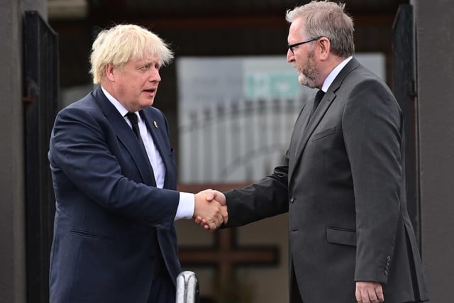 Prime `Minister Boris Johnston is greeted by  UUP Leader Doug Beattie.
 Picture by Colm Lenaghan/Pacemaker