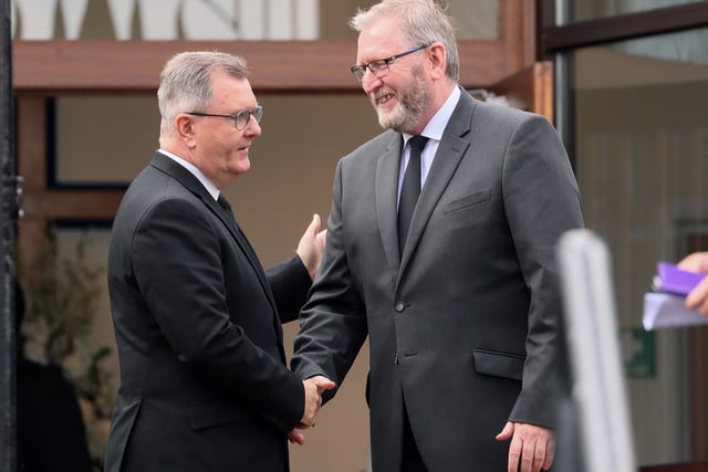 DUP leader Jeffrey Donaldson (left) arrives at the funeral and is greeted by UUP leader Doug Beattie.
Picture by Jonathan Porter/PressEye
