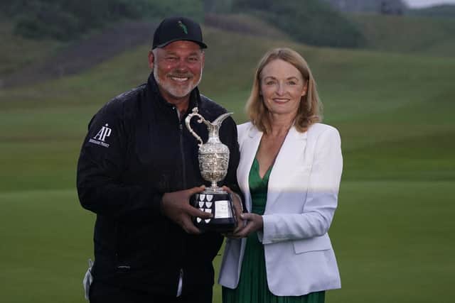 Darren Clarke of Northern Ireland with Aine Binchy, Deputy Chair Open Championship Committee, The R&A during Day Four of The Senior Open Presented by Rolex at The King's Course, Gleneagles on July 24, 2022. Picture: Phil Inglis/Getty Images.