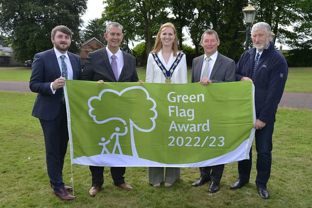 Lisburn and Castlereagh Dep Mayor Cllr Michelle Guy receives the Borough's Green Flag Awards with colleagues William Torrens and Aaron McIntyre, also pictured Minister Poots and Ian Humphreys