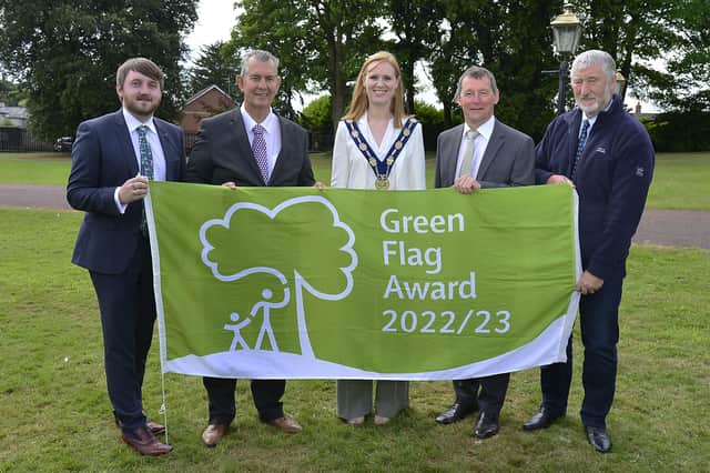 Lisburn and Castlereagh Dep Mayor Cllr Michelle Guy receives the Borough's Green Flag Awards with colleagues William Torrens and Aaron McIntyre, also pictured Minister Poots and Ian Humphreys