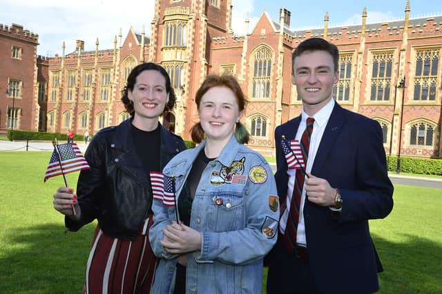 Indigo Ashbridge (centre) with Dr Erin Hinson, Study USA Student Support Advisor and Daniel Lowe, Study USA Project Manager, British Council.