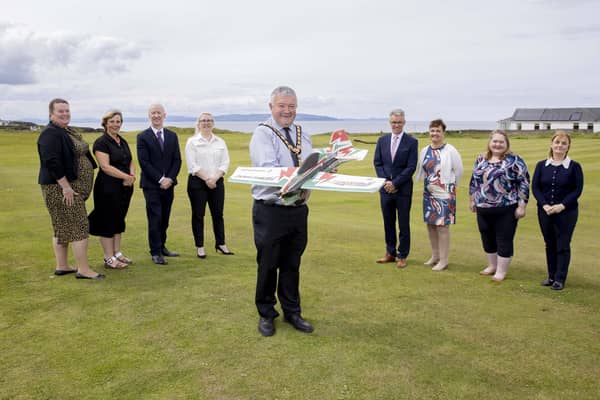 The Mayor of Causeway Coast and Glens Borough Council Councillor Ivor Wallace prepares for the return of the NI International Air Show on September 10 and 11 along with Natasha Garrott (Portrush Atlantic), Gillian Gregg (Pulsar), Sir Michael J Ryan CBE from Spirit AeroSystems, new joint title sponsor, Alana Colenso from joint title sponsor Thales, Kevin McNamee from Denroy Plastics Ltd, Grainne McVeigh from Invest NI, Catherine Deery and Noeleen McKillop from The Honourable The Irish Society