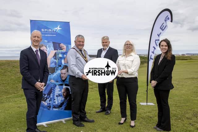 The Mayor of Causeway Coast and Glens Borough Council Councillor Ivor Wallace pictured with Sir Michael J Ryan CBE from Spirit AeroSystems and Alana Colenso, Lyle Creighton and Laura Hamilton from Thales, new joint title sponsors of the NI International Air Show
