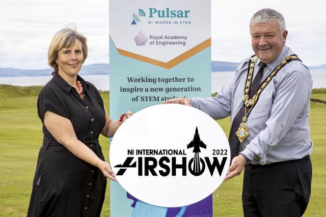 Gillian Gregg from Pulsar, sponsor of the STEM Village at the NI International Air Show which takes place in Portrush on September 10th and 11th, pictured with the Mayor of Causeway Coast and Glens Borough Council Councillor Ivor Wallace