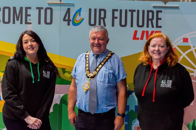 From left -  Rachel Doherty (MD 4C UR Future), Councillor Ivor Wallace (Mayor of Causeway Coast and Glens Borough Council) and Rose Mary Stalker (Founder 4C UR Future) at Coleraine Leisure Centre for the 4C UR Future LIVE 2022 event. Photo by Francine Montgomery