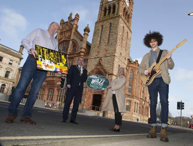 JAZZ FESTIVAL 2021 LAUNCH. . .  The Mayor of Derry City and Strabane District Council Brian Tierney pictured launching the 2021 City of Derry Jazz and Big Band Festival at Guildhall Square on Thursday morning. The festival will run from April 30-May 2. Included are .Johnny Murray, former artistic director, City of Derry Jazz and Big Band Festival, Andrea Campbell, festival organiser, DCSDC, and Joseph Leigh, jazz musician. (Photo: Jim McCafferty Photography)