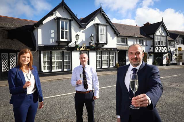 Galgorm Collection acquires historic hotel The Old Inn, Crawfordsburn. Pictured celebrating the announcement are The Old Inn project team; Charlotte McClean, Andy Johnston and Colin Johnston.