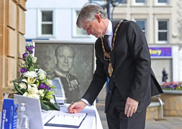 The Mayor of Causeway Coast and Glens Borough Council Alderman Mark Fielding pictured at the opening of a Book of Condolence for His Royal Highness Prince Philip Duke of Edinburgh at Coleraine Town Hall