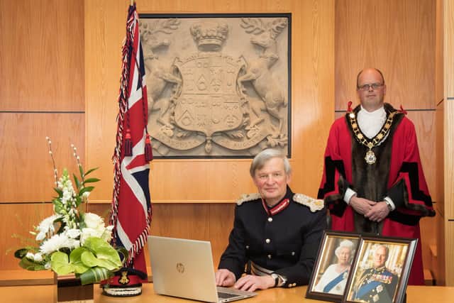 Her Majesty’s Lord-Lieutenant of Co Antrim David McCorkell KStJ, welcomed by the Mayor of Antrim and Newtownabbey, Cllr Jim Montgomery, as he offered his tribute in the online book of condolence  to mark the passing of His Royal Highness, Prince Philip.