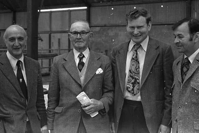Mr John McBride, second right, who judged the Landrace pigs at the breed show and sale at Ballyclare in April 1980. He is pictured with, from left, NILPBA secretary Mr Frank Espley, Mr William McCarroll, president, and Mr William Clyde, chairman. Picture: Farming Life archives