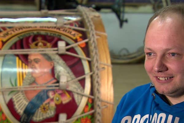 David Lester with his Lambeg drum that was played for the Queen and Prince Philip at Hillsborough Castle in July 1953. Photo: BBC News NI