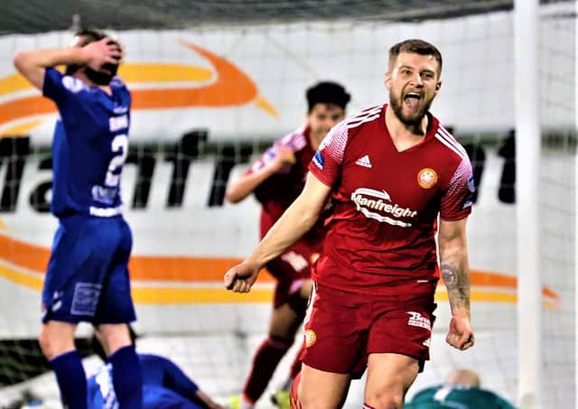 Pacemaker Belfast 30-3-21:
Portadown v Crusaders - Danske Bank Premiership
Portadown's Adam Salley celebrates his goal during this evening's game at Shamrock Park, Portadown. Photo by David Maginnis/Pacemaker Press