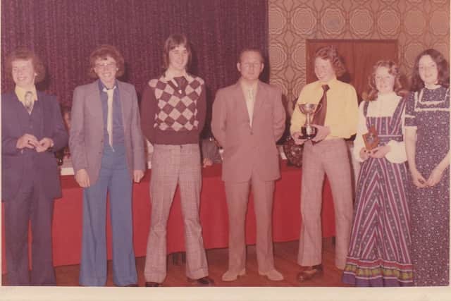 Some of the prizewinners in the Junior Club in the early Seventies how styles have changed l-r Trevor Woods, Stephen McCormick, Peter Kinkead, Dick McColgan, George Stephens, Doreen Blackstock and Nina Keag