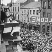 Princess Elizabeth greets crowds from the balcony of Enniskillen Town Hall in 1946. Picture: News Letter archives
