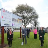 Education Minister Peter Weir visiting Limavady Shared Education Campus to cut the first sod on the new £11 million scheme. Included are students Leah Craig and Clara Clements and principals Rita Moore, St. Mary’s, and Darren Mornin, Limavady High School.