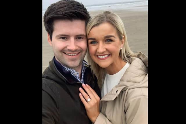 Jonathan Buckley with his bride to be Jill Porter.