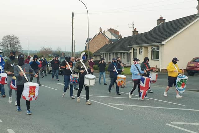 Protestors taking part in the parade in Markethill on Wednesday night.