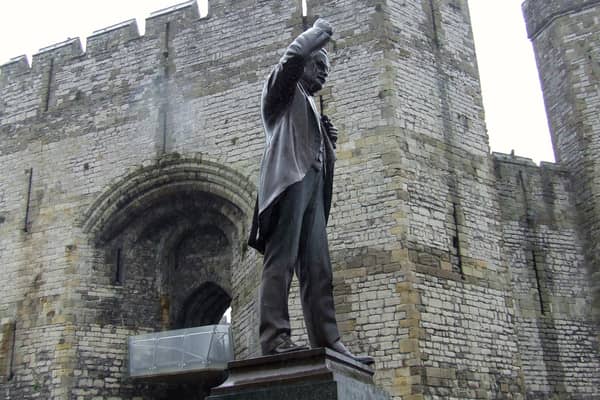 David Lloyd George statue next to Caernarfon Castle, Wales
