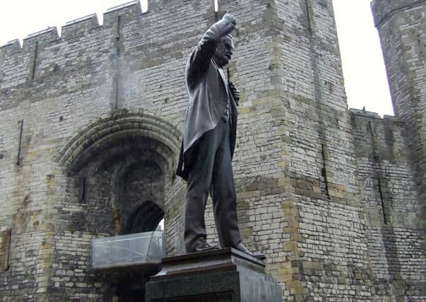 David Lloyd George statue next to Caernarfon Castle, Wales