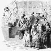 The members of the Japanese Embassy visiting the 1862 International Exhibition in London, from the Illustrated London News