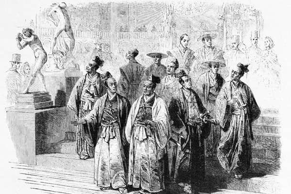 The members of the Japanese Embassy visiting the 1862 International Exhibition in London, from the Illustrated London News